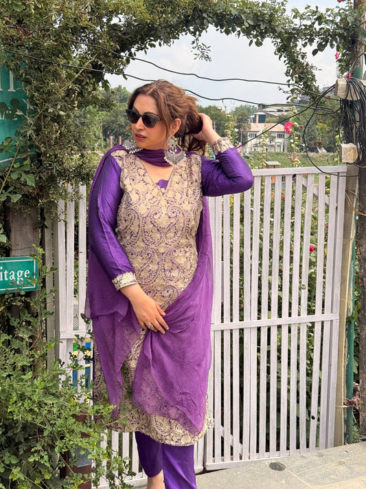 3 piece Purple machine Tilla all over work with motif in the back