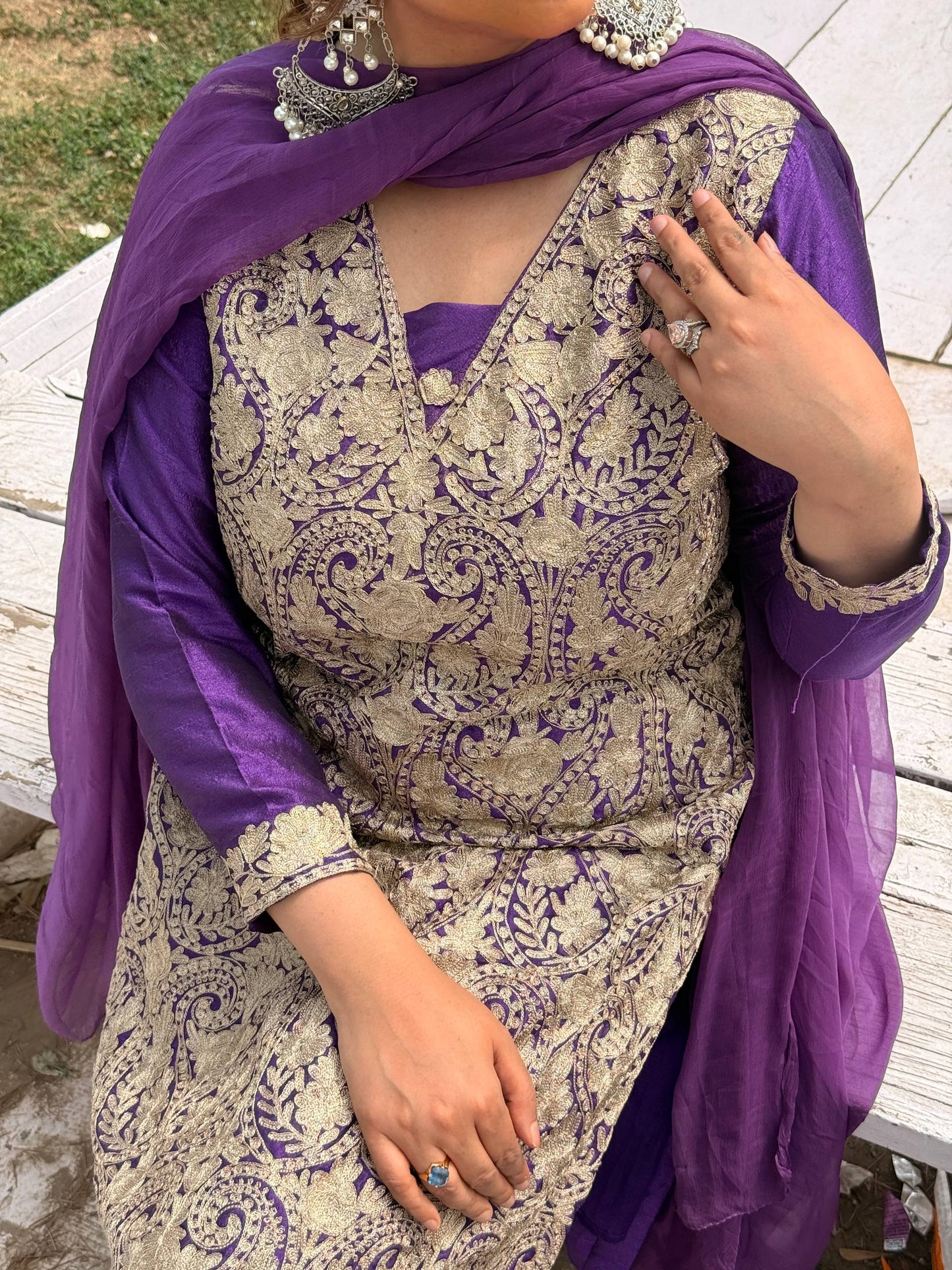 3 piece Purple machine Tilla all over work with motif in the back