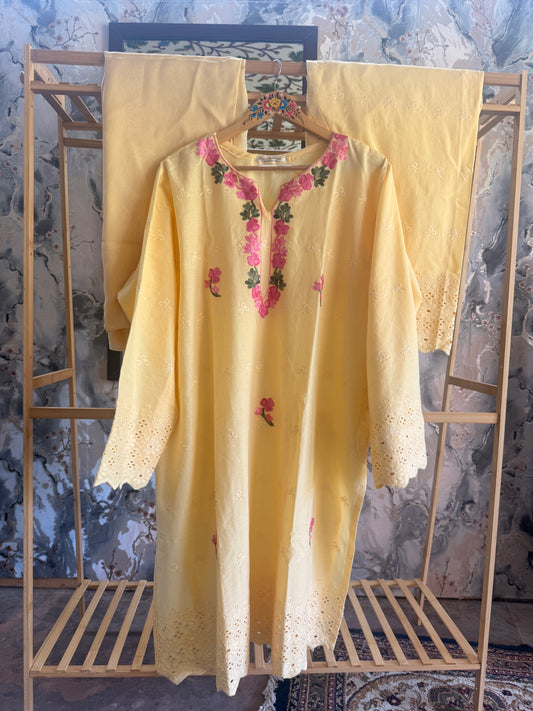 3 Piece Butter Yellow Aari Work Suit with Chikankari Print