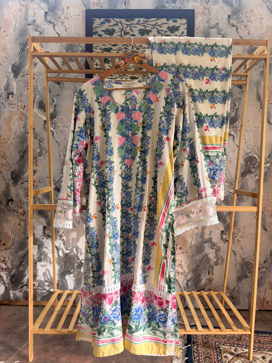 3-Piece Butterfly Floral Co Ord with Aari Work; and Complementary Floral Lace