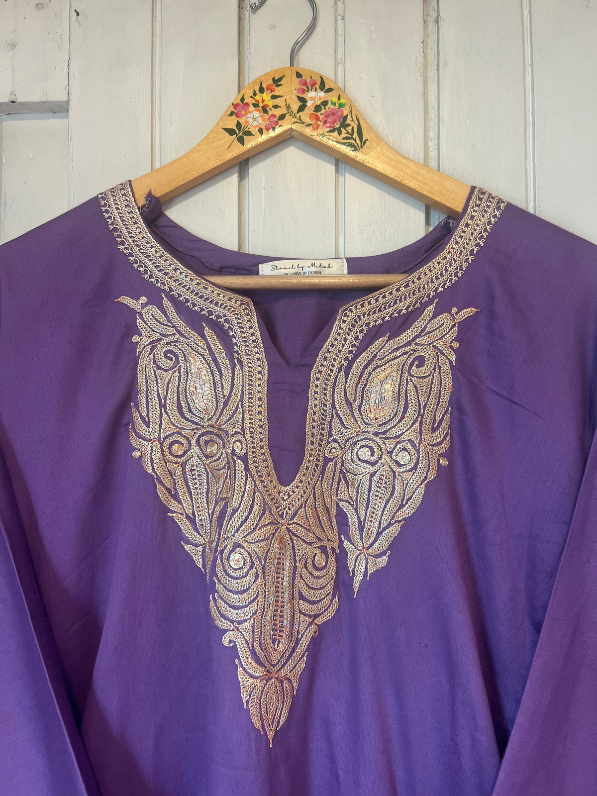 3-Piece Purple Pheran Set with Hand Tilla and Complementary Lace