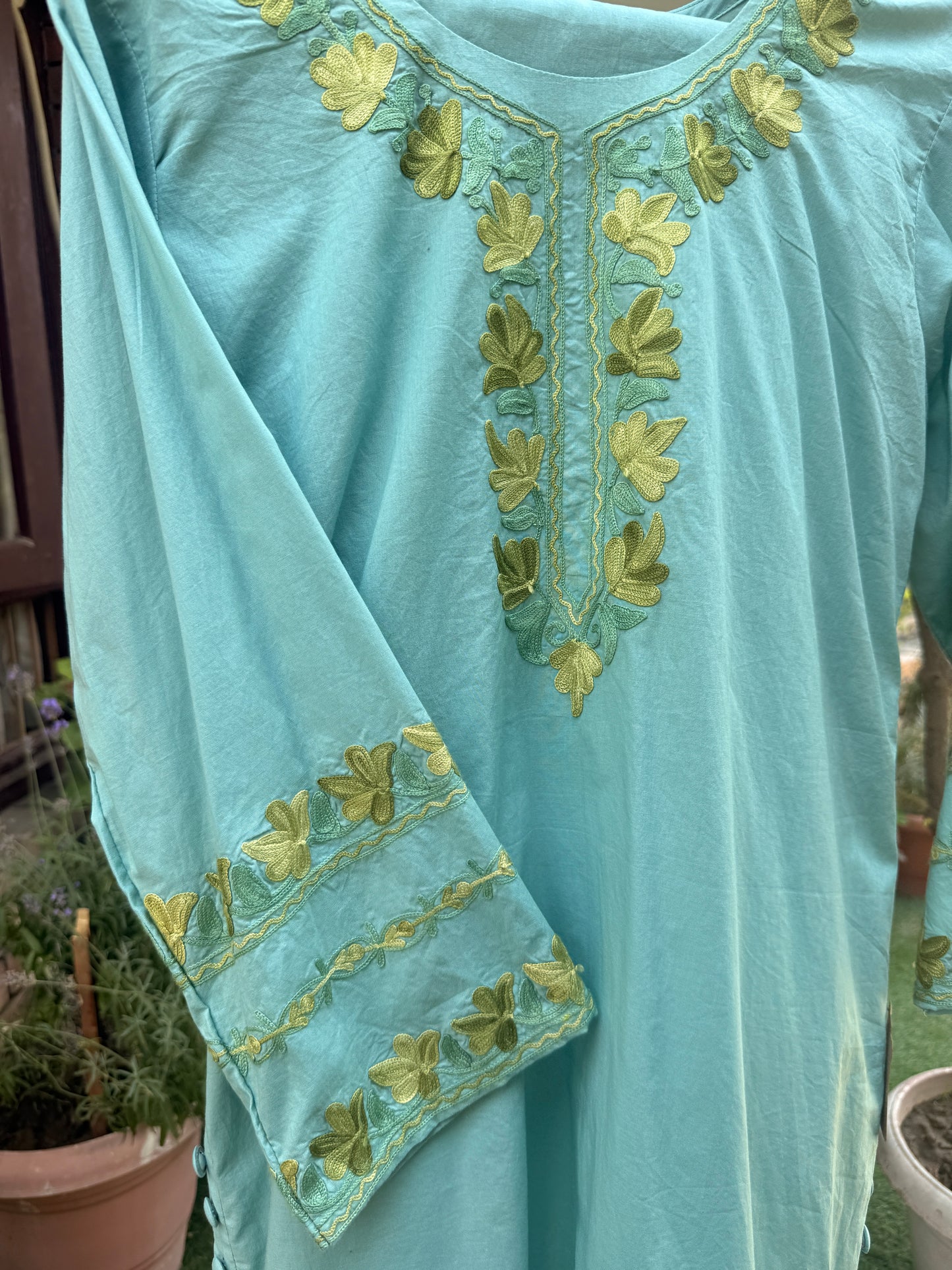 2-Piece Sage Green Aari Suit with Sleeve Panel Work & Side Slit Button Detailing