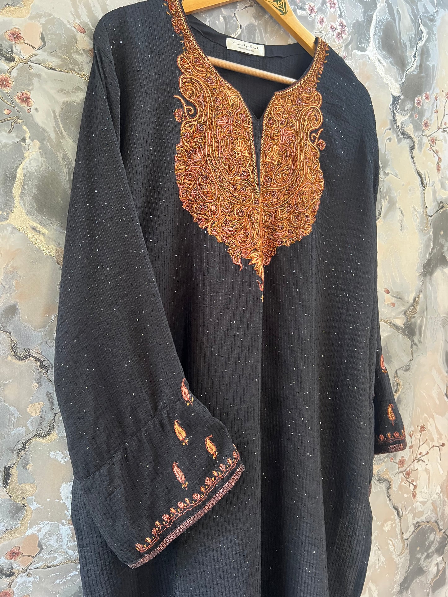 3-Piece Black Sequin Ensemble with Hand Sozni Embroidery & Matching Brown Sequin Lace Dupatta