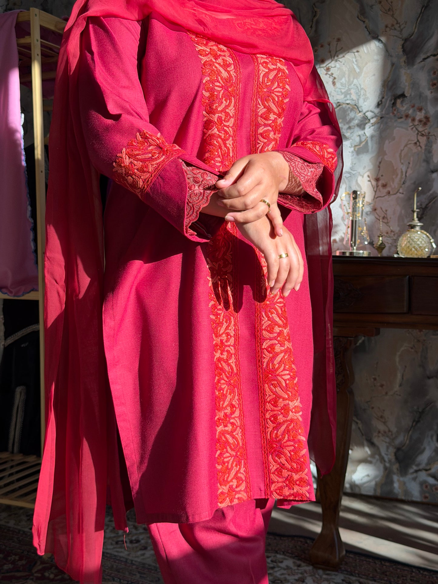 3-Piece Maroon Red Suit with Hand-Embroidered Panel Work with Laced Sleeves