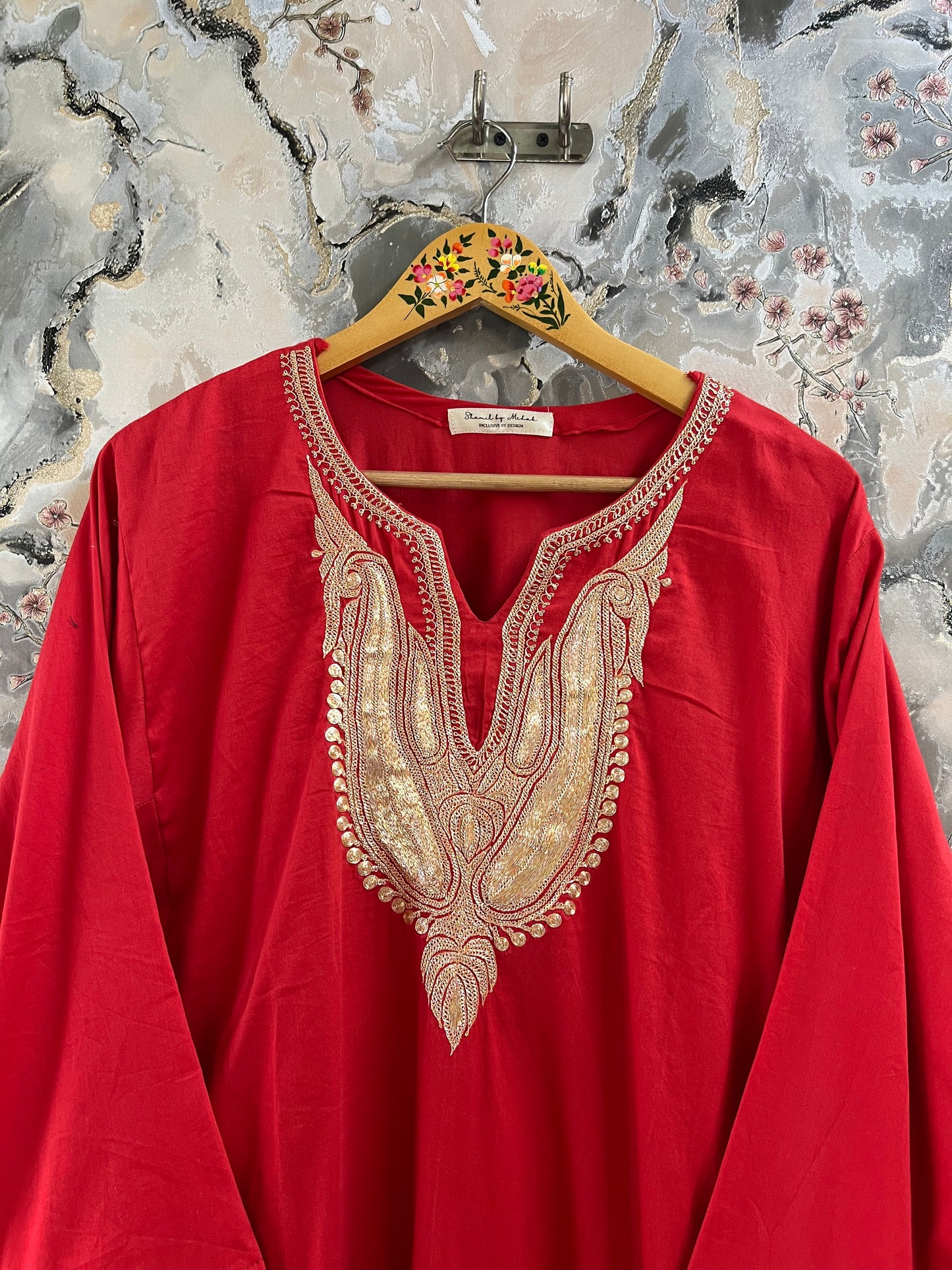 3-Piece Red Pheran Set with Hand Tilla and Complementary Lace