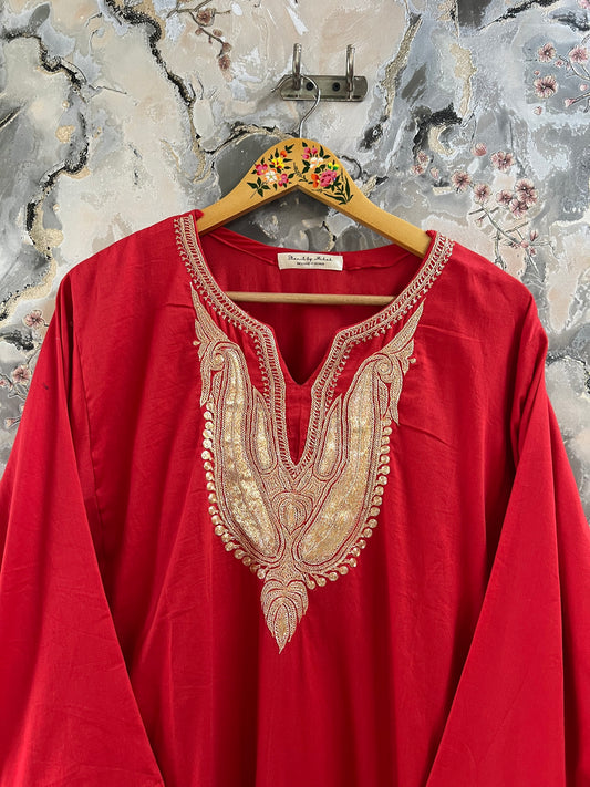 3-Piece Red Pheran Set with Hand Tilla and Complementary Lace