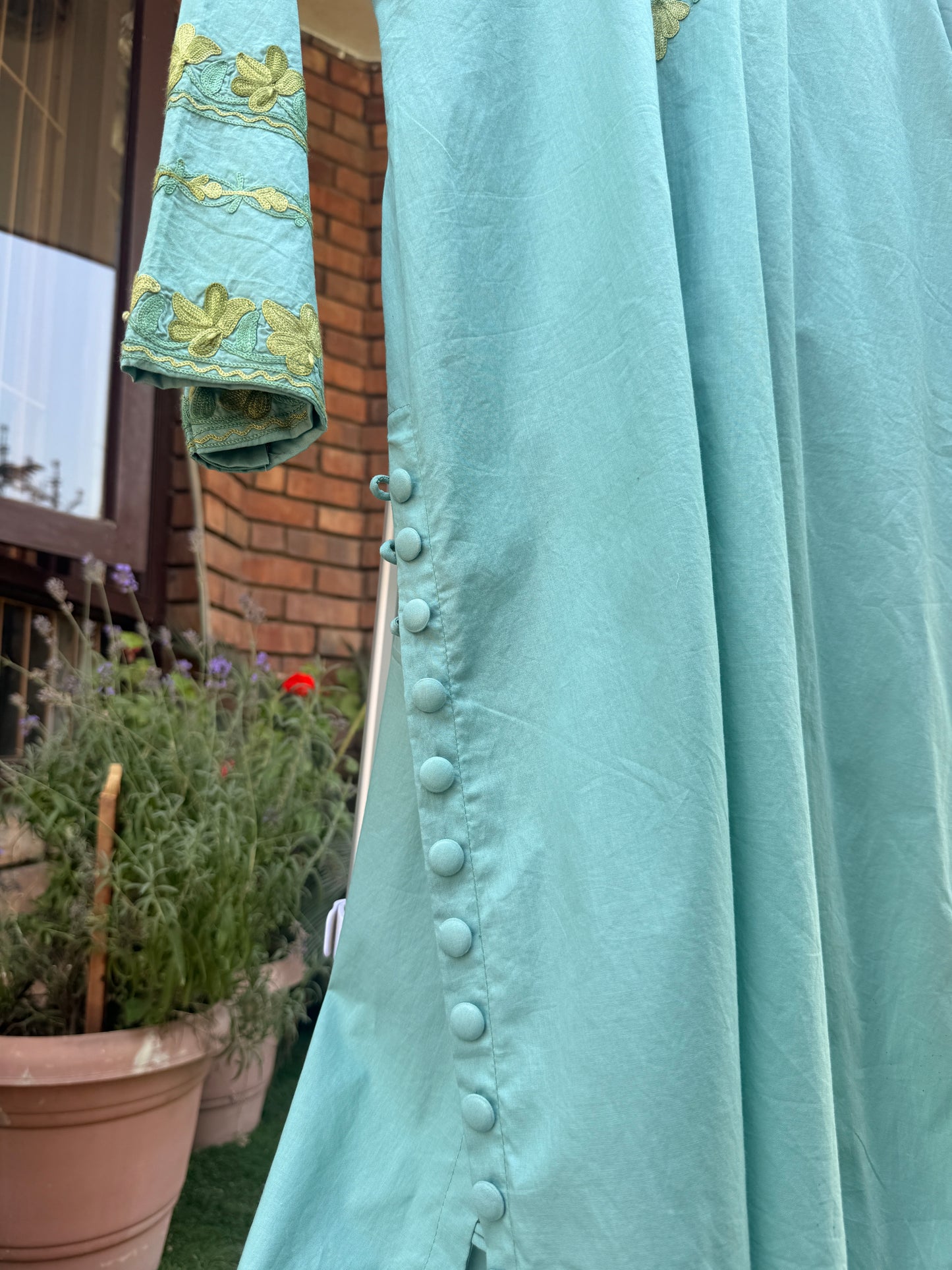 2-Piece Sage Green Aari Suit with Sleeve Panel Work & Side Slit Button Detailing