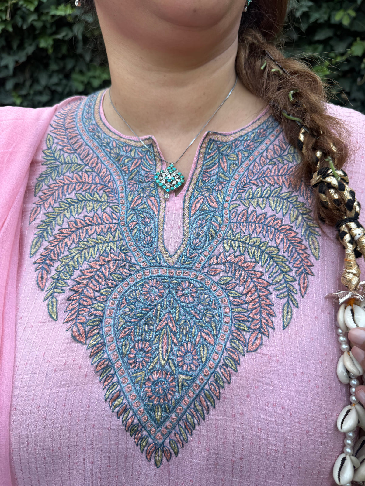 3-Piece Light Pink Sequin Ensemble with Hand Sozni Embroidery included on sleeves and pants