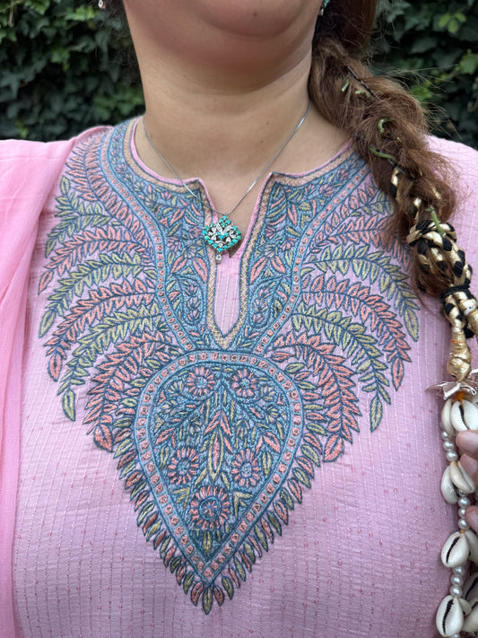 3-Piece Light Pink Sequin Ensemble with Hand Sozni Embroidery included on sleeves and pants