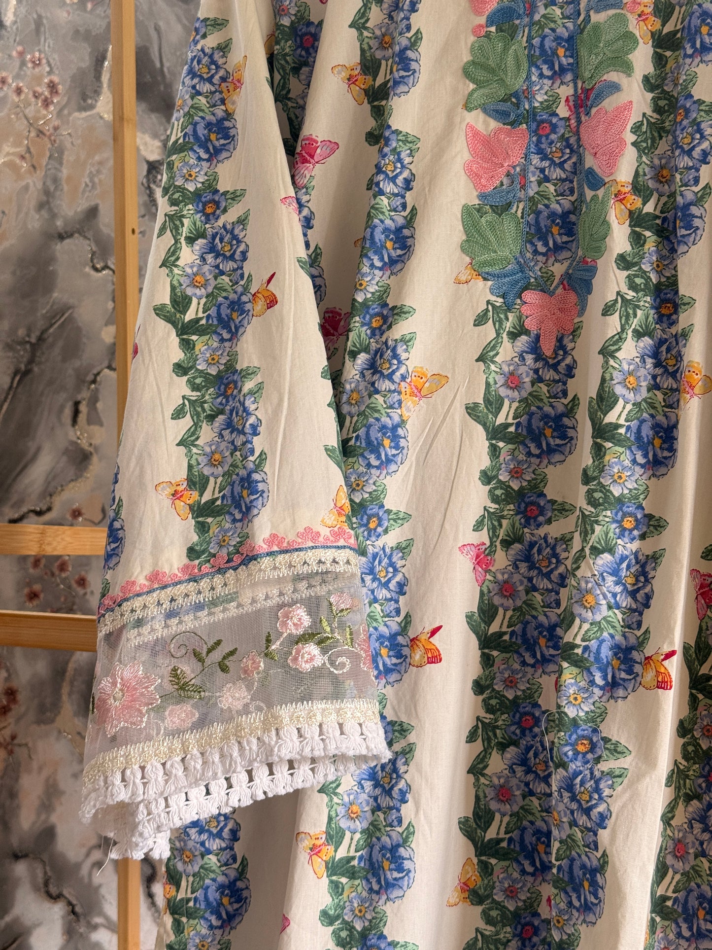 3-Piece Butterfly Floral Co Ord with Aari Work; and Complementary Floral Lace