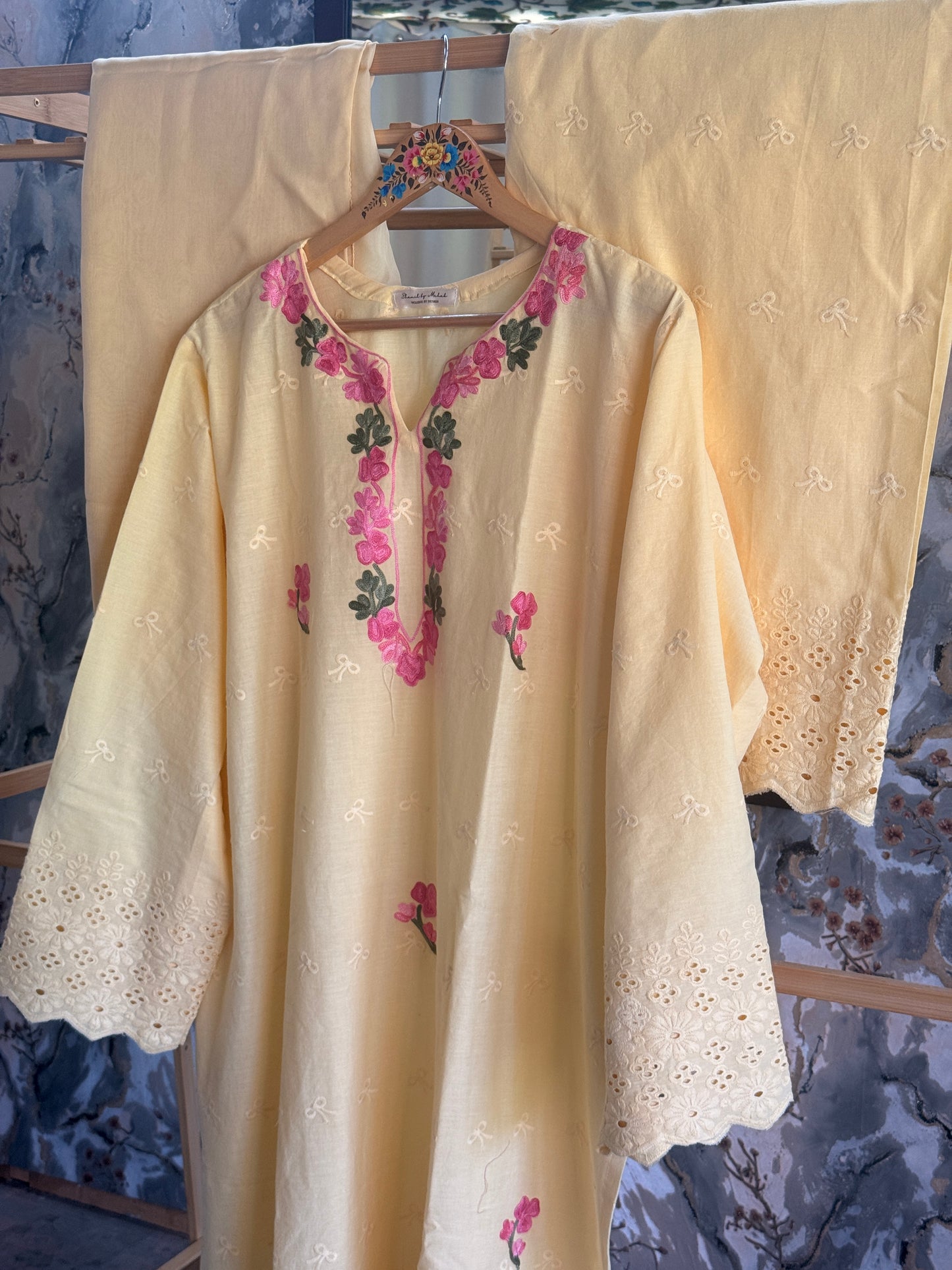 3 Piece Butter Yellow Aari Work Suit with Chikankari Print