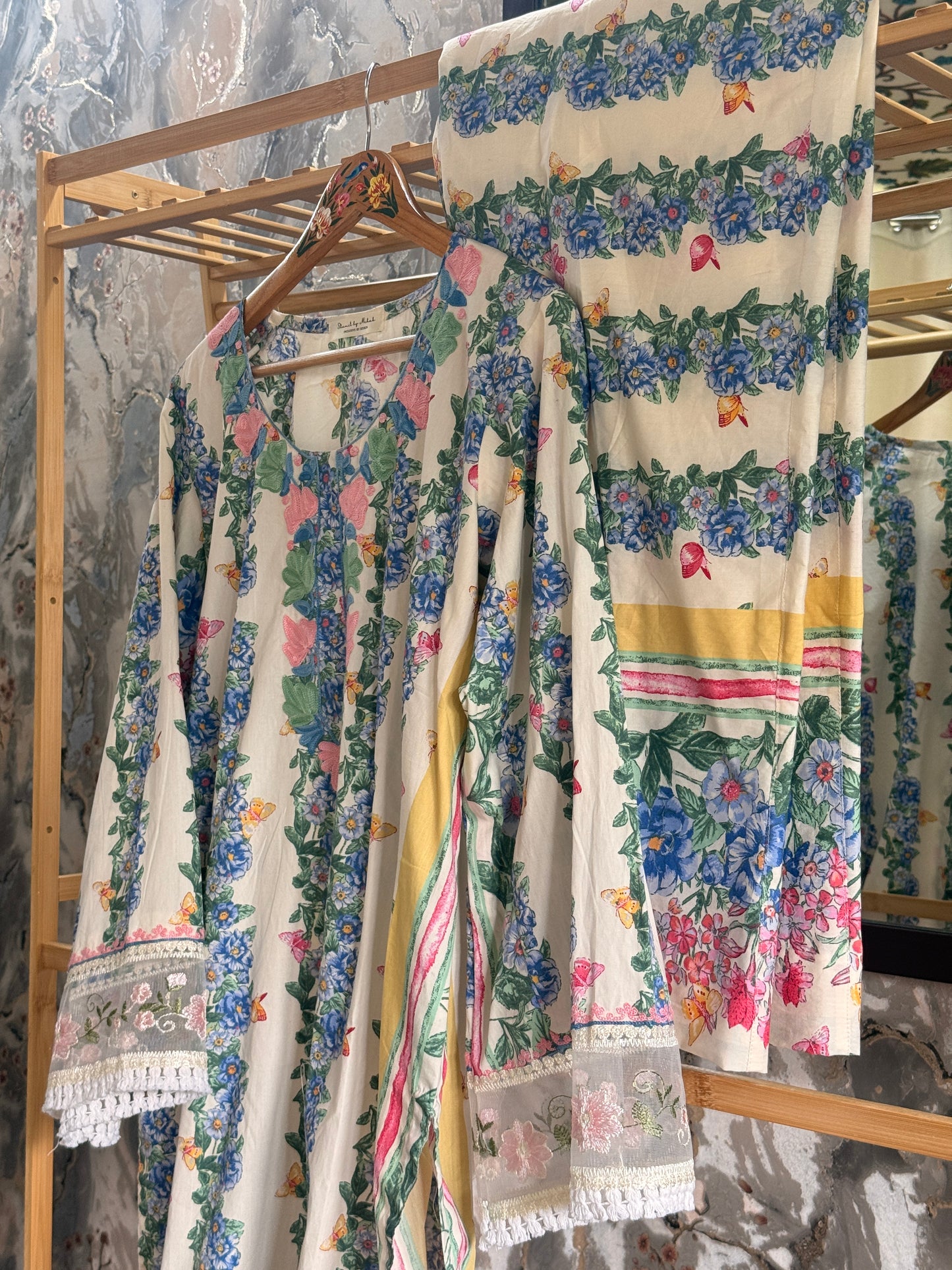 3-Piece Butterfly Floral Co Ord with Aari Work; and Complementary Floral Lace