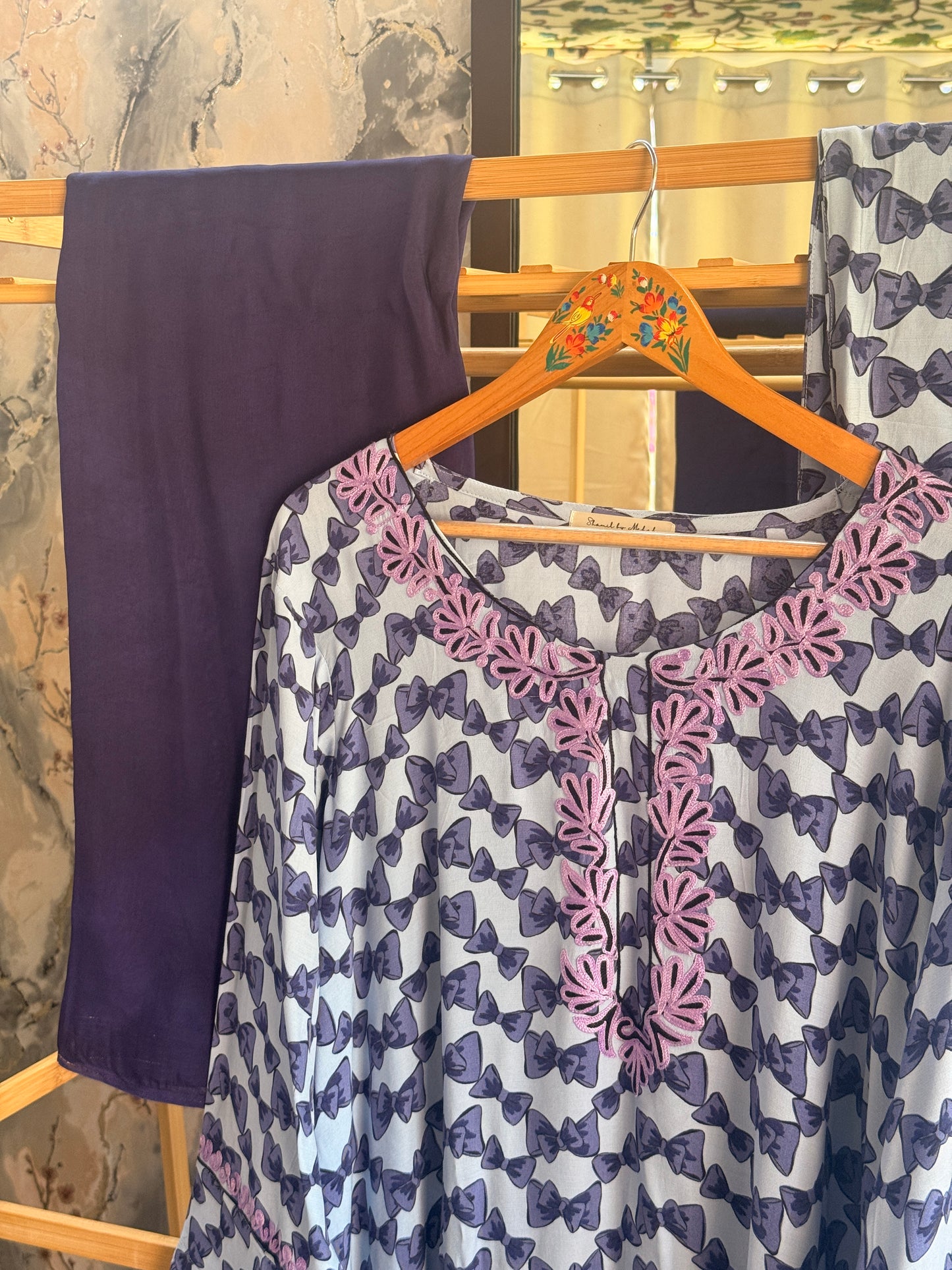 3 Piece Purple Bow Aari Co-Ord with Laced Sleeves