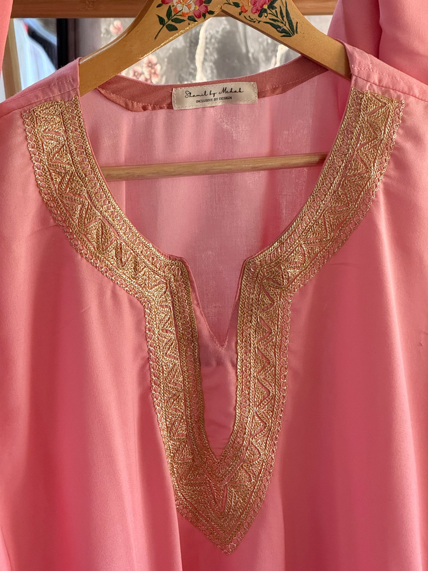 3-Piece Baby Pink Pheran Set with Hand Tilla and Complementary Lace