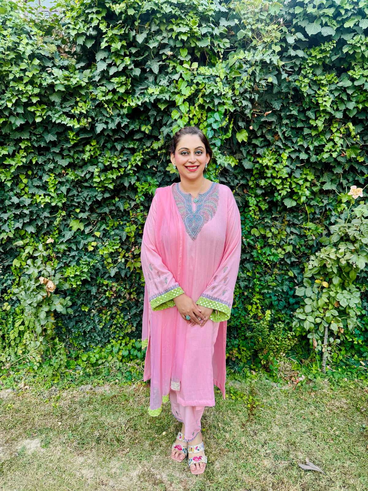 3-Piece Light Pink Sequin Ensemble with Hand Sozni Embroidery included on sleeves and pants