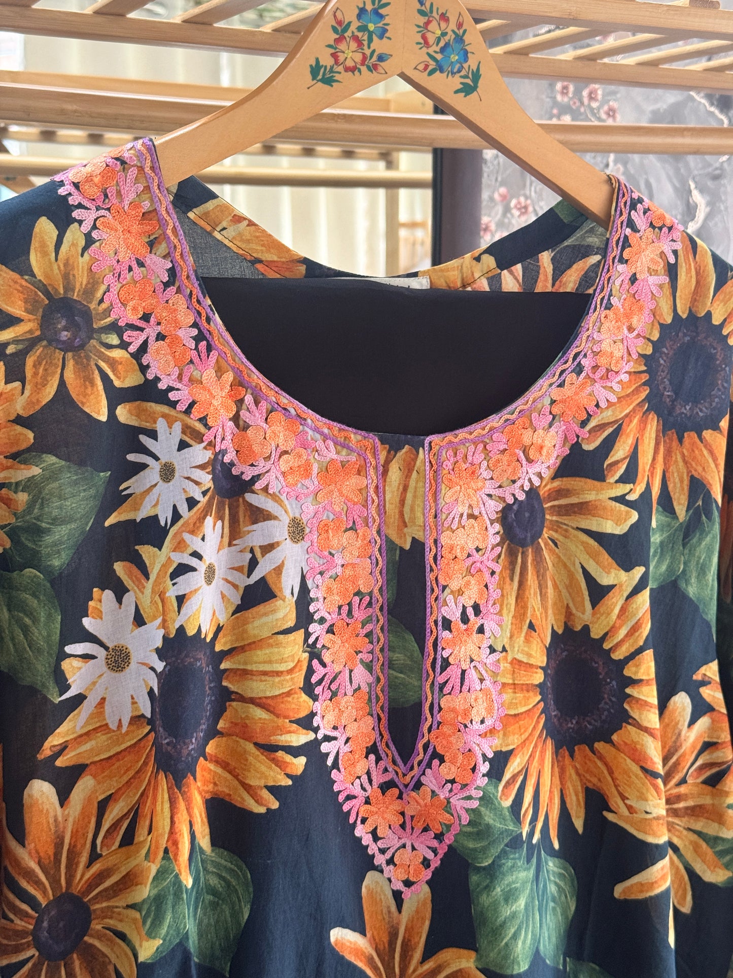 3-Piece Sunflower Printed Aari Work Suit with Black Pants and Dupatta