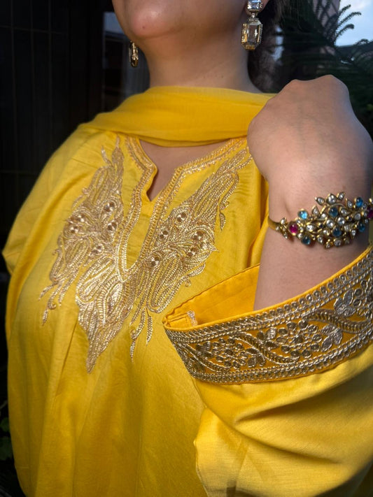 3-Piece yellow Pheran Set with Hand Tilla and Complementary Lace