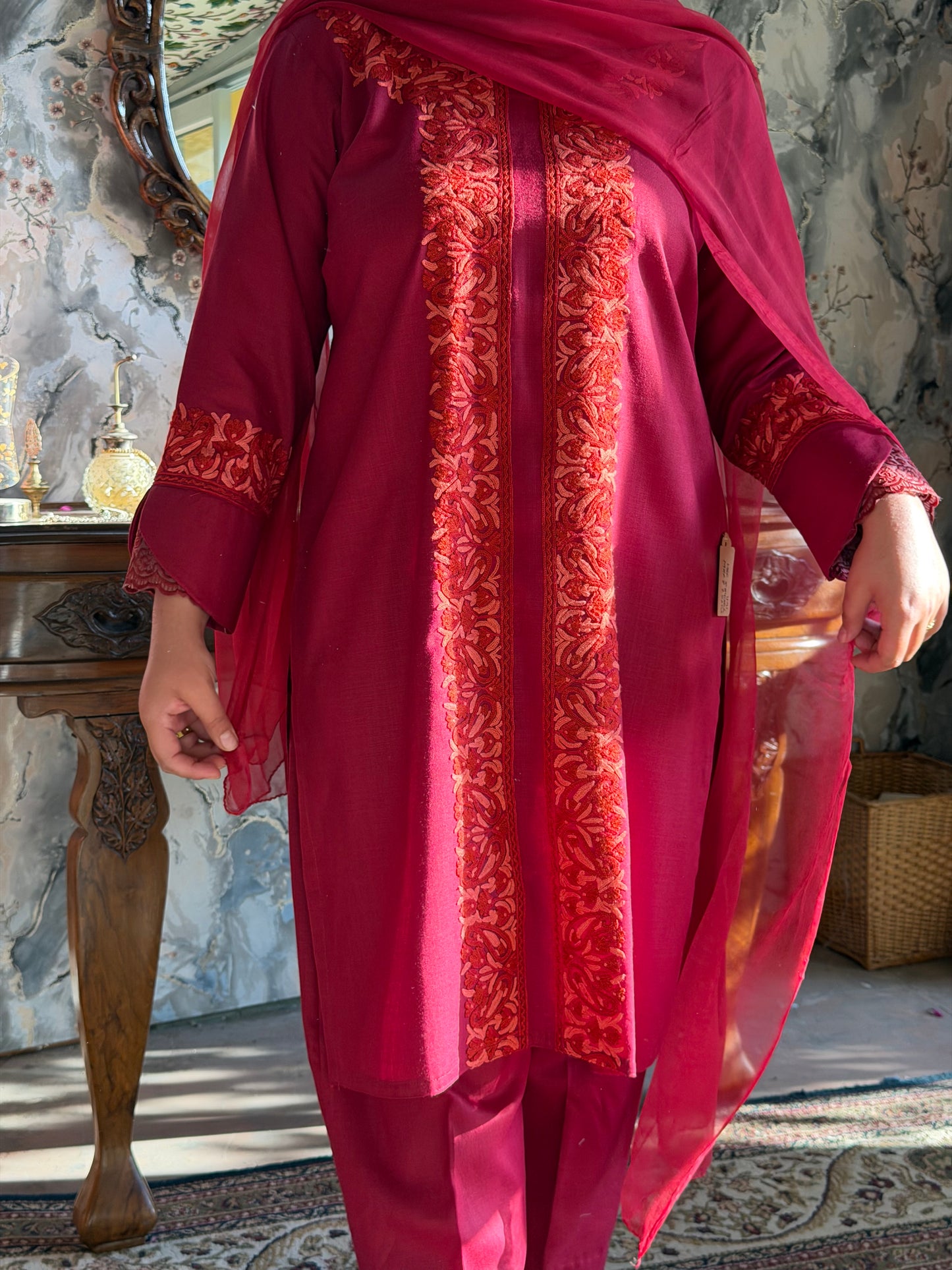 3-Piece Maroon Red Suit with Hand-Embroidered Panel Work with Laced Sleeves