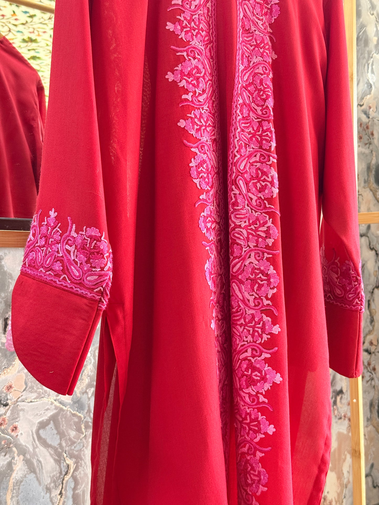 3-Piece Cherry Red Suit with Hand-Embroidered Panel Work with Laced Sleeves