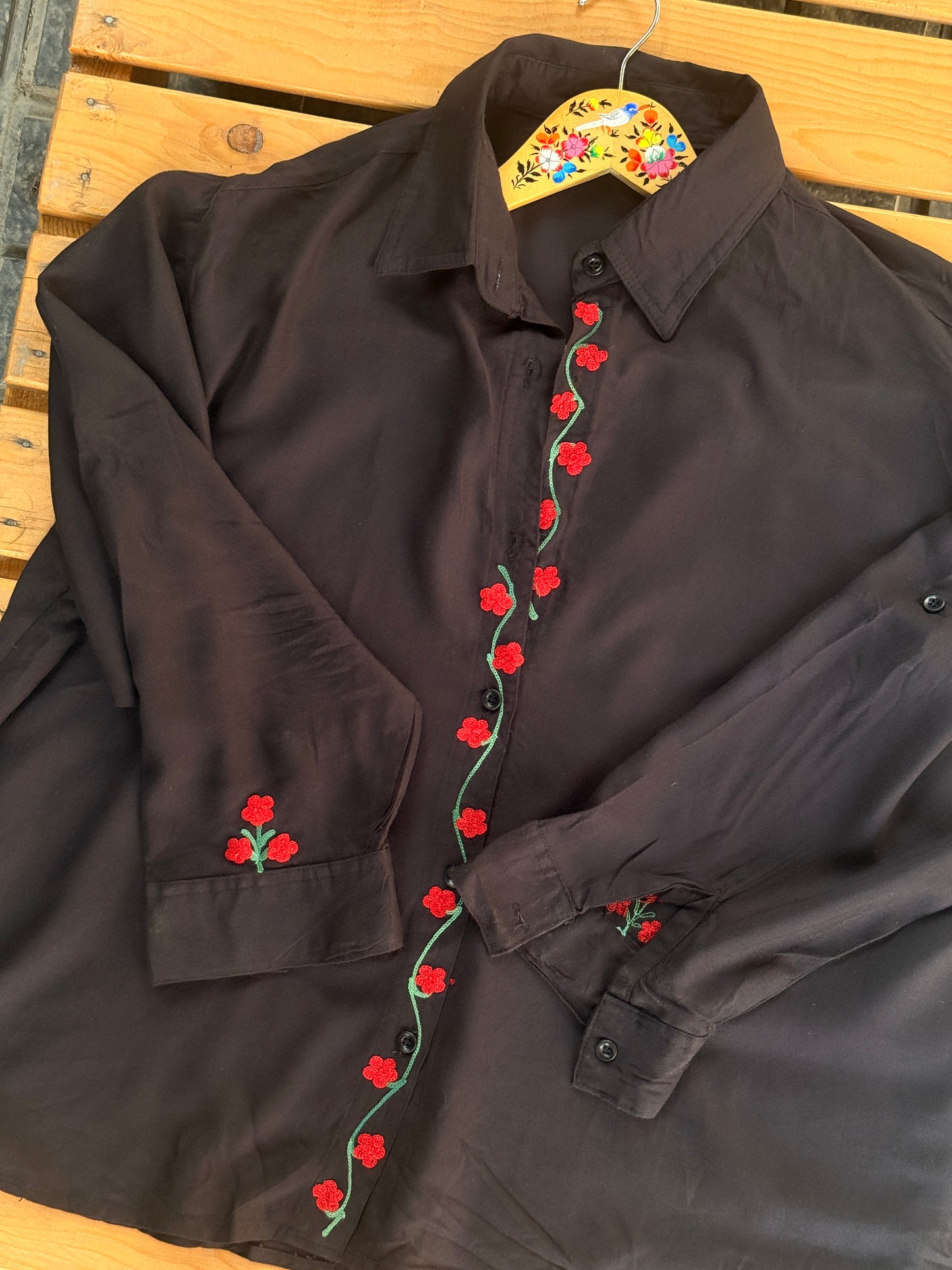 Embroidered Black Button Down Shirt with Floral Aari Embroidery