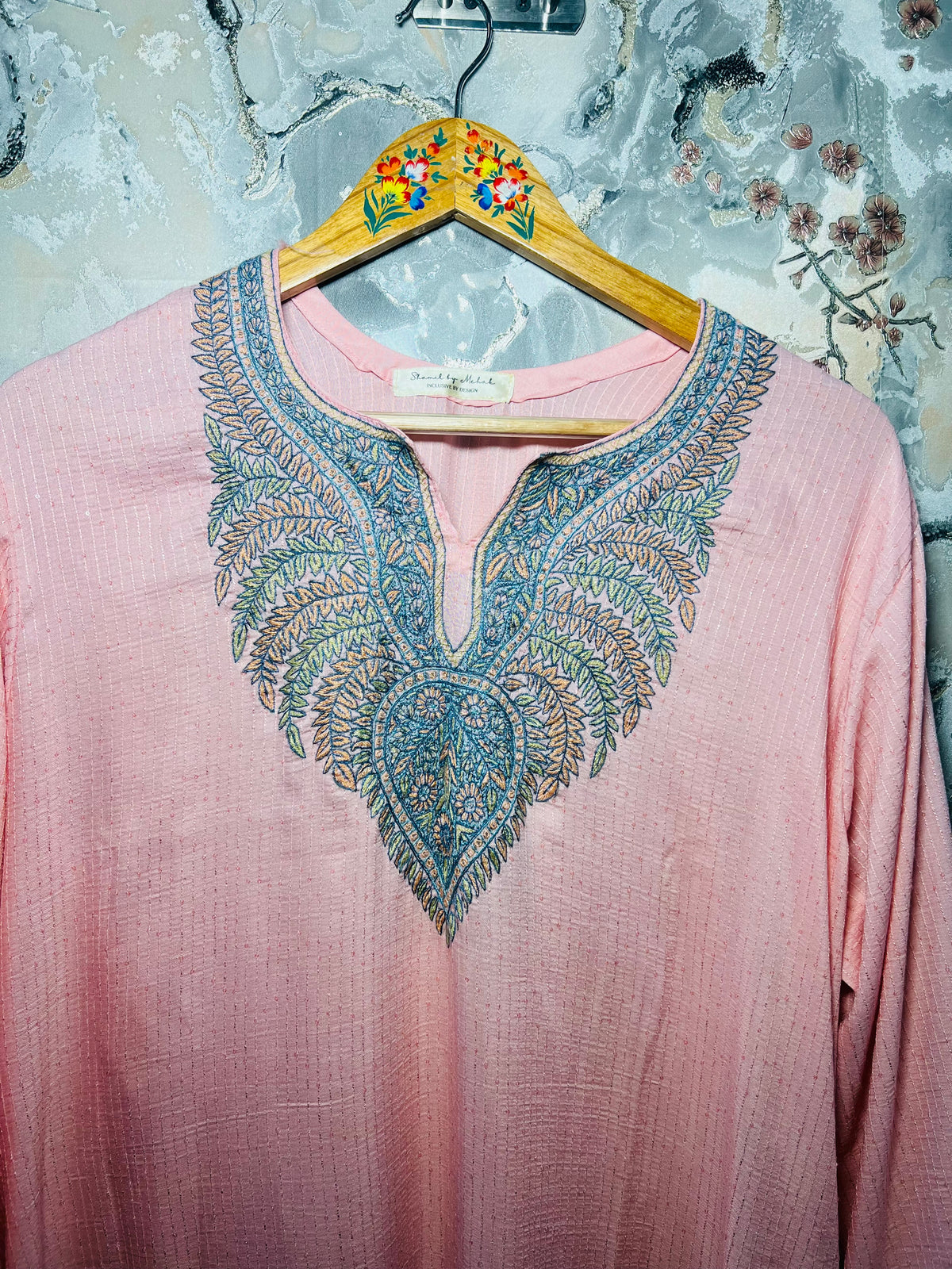 3-Piece Light Pink Sequin Ensemble with Hand Sozni Embroidery included on sleeves and pants