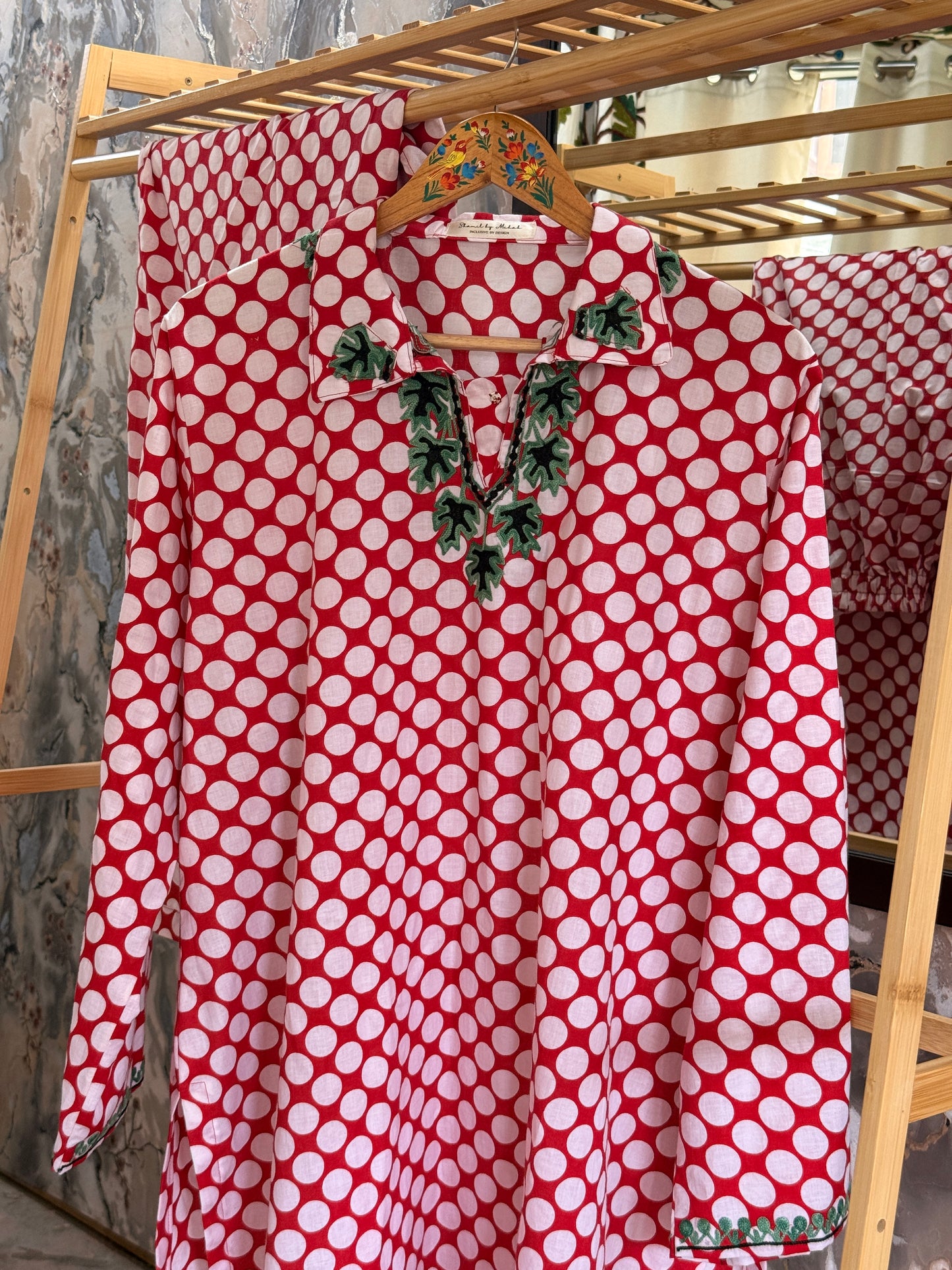 2 Piece Red and White Retro Polka Co Ord with Aari Collar and Neckline