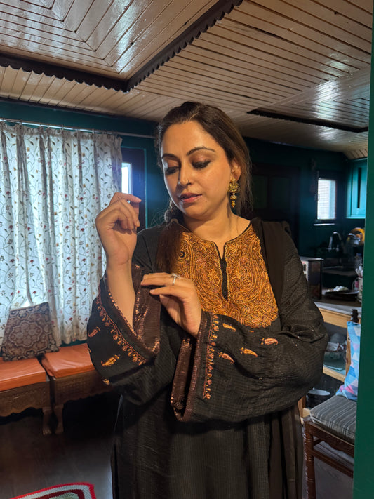3-Piece Black Sequin Ensemble with Hand Sozni Embroidery & Matching Brown Sequin Lace Dupatta