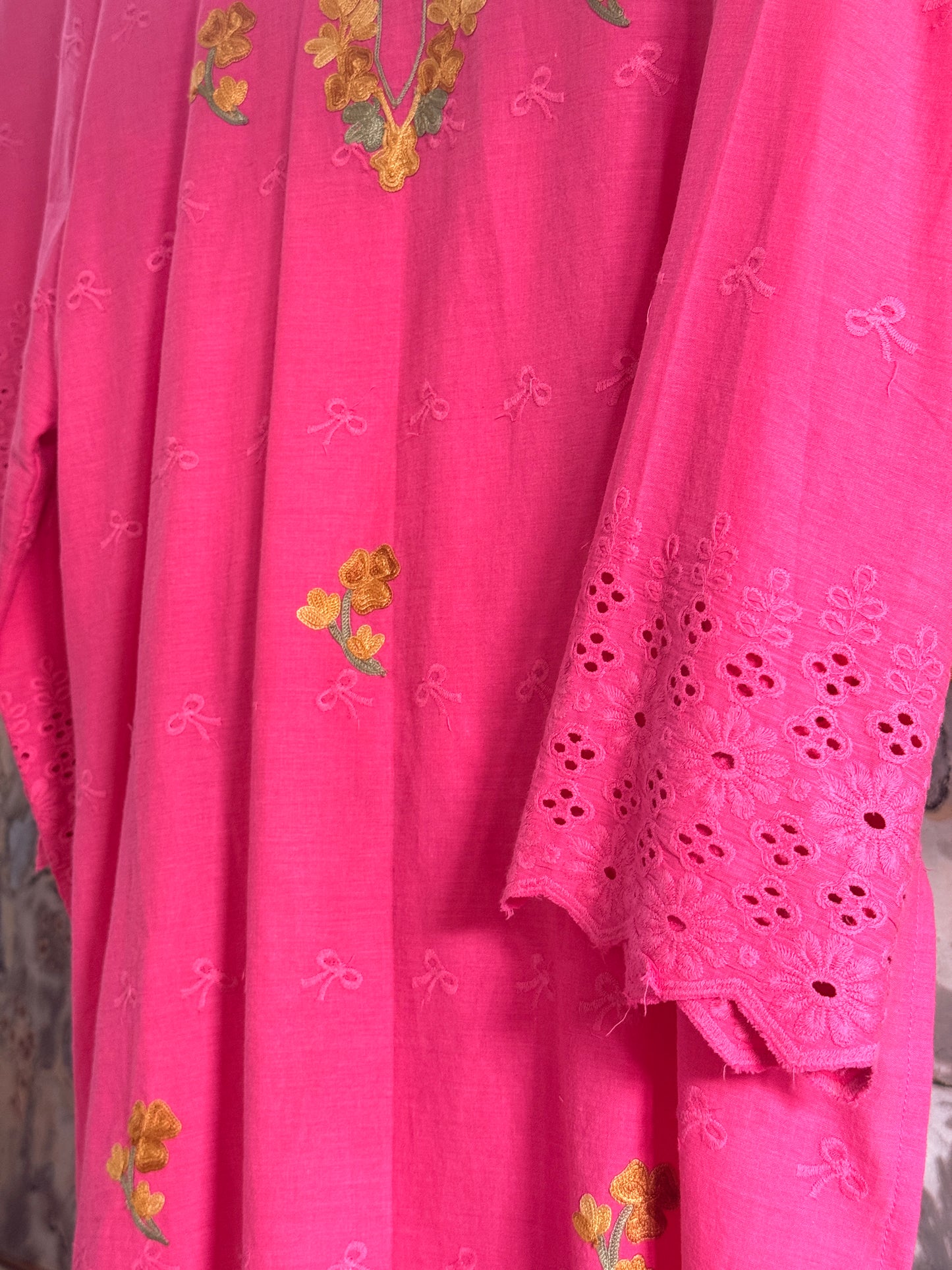 3 Piece Rani Pink Aari Work Suit with Chikankari Print