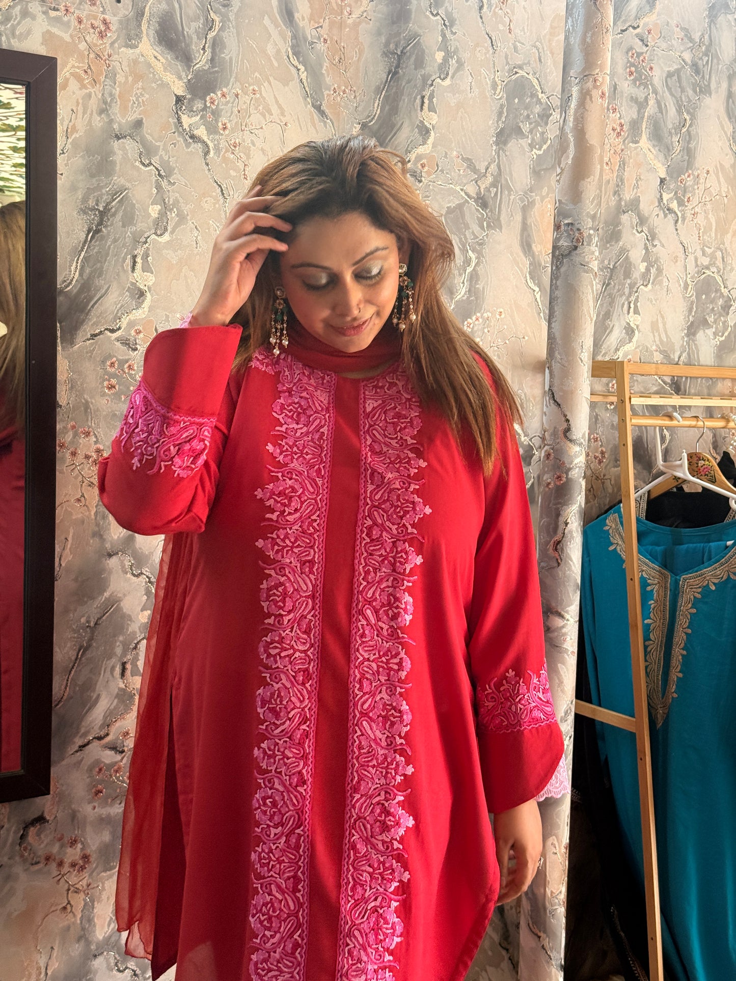 3-Piece Cherry Red Suit with Hand-Embroidered Panel Work with Laced Sleeves