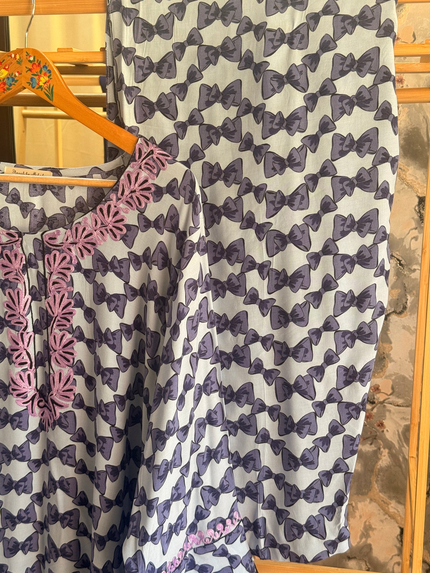 3 Piece Purple Bow Aari Co-Ord with Laced Sleeves