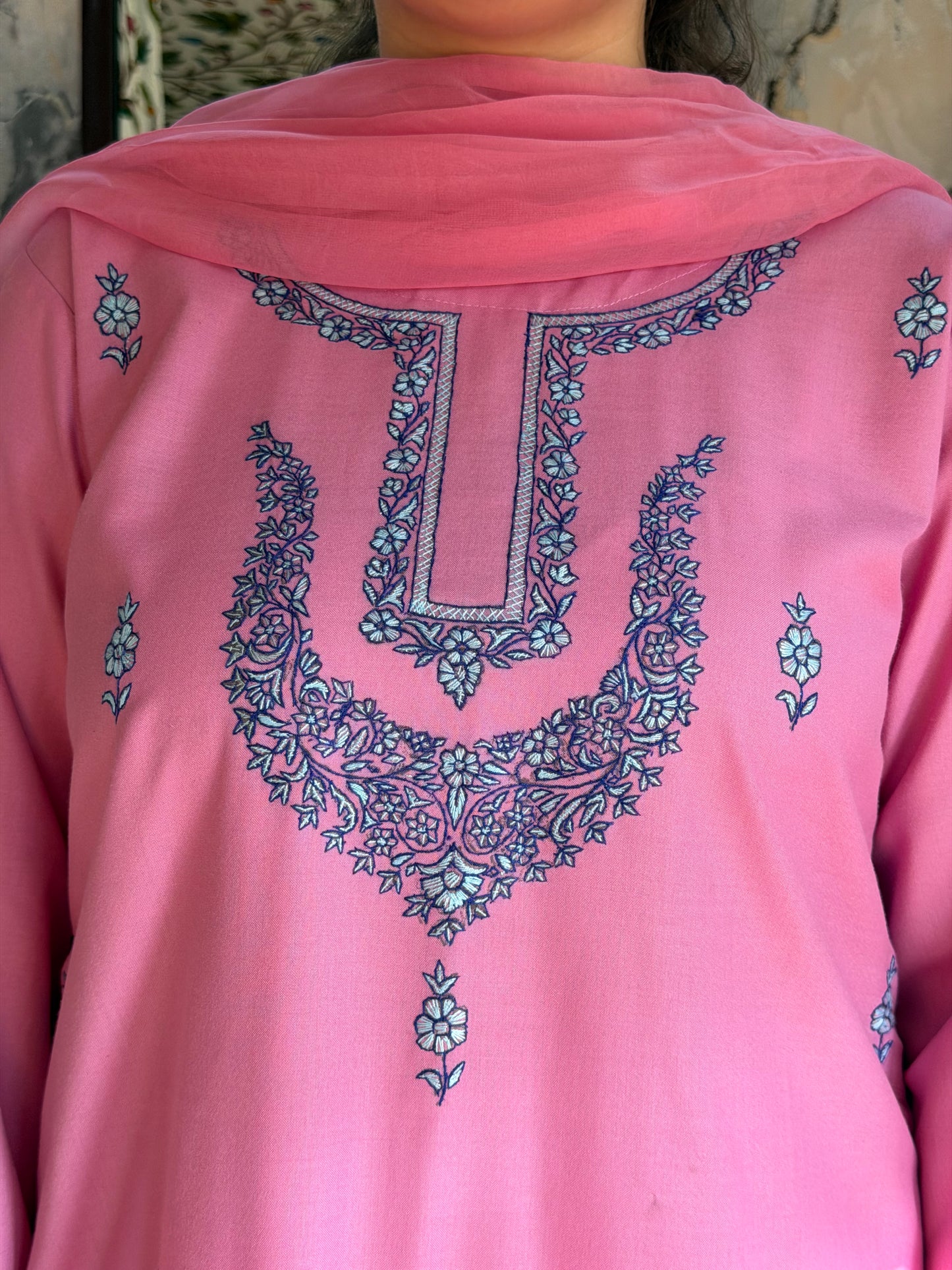 3-Piece Taffy Pink Suit with Hand Sozni Work with Extensive Royal Blue Scalping + Half Pure Dupatta