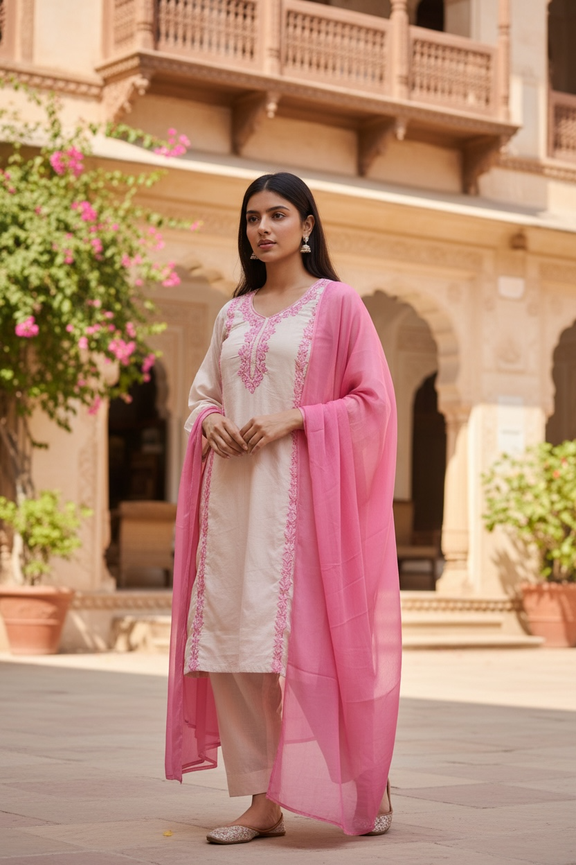 3-Piece Beige Pink Panel Aari Work Suit