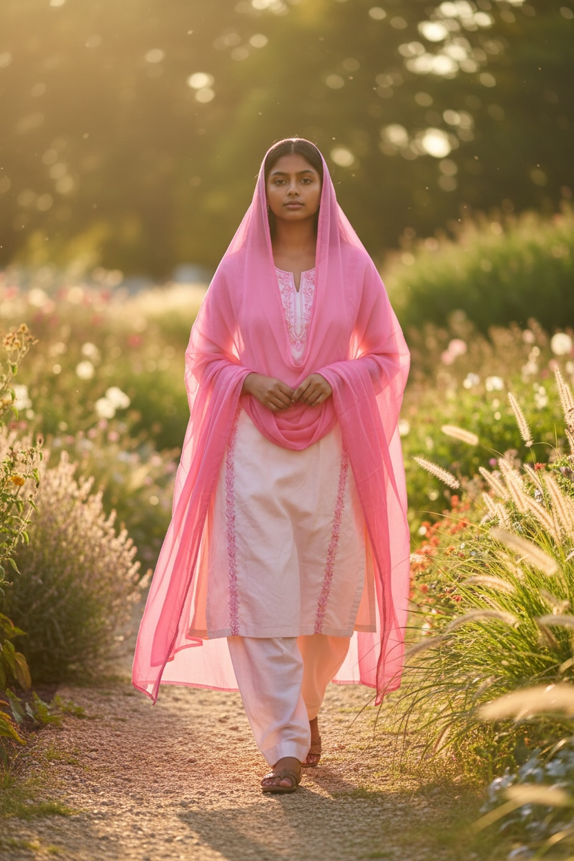 3-Piece Beige Pink Panel Aari Work Suit