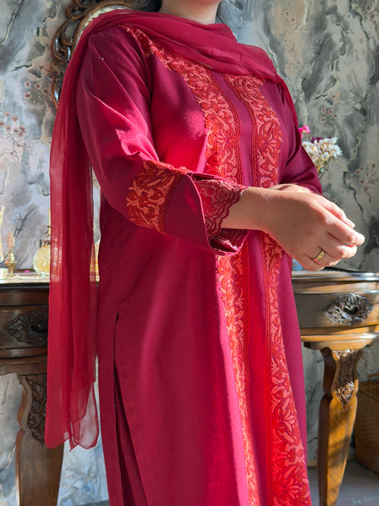 3-Piece Maroon Red Suit with Hand-Embroidered Panel Work with Laced Sleeves
