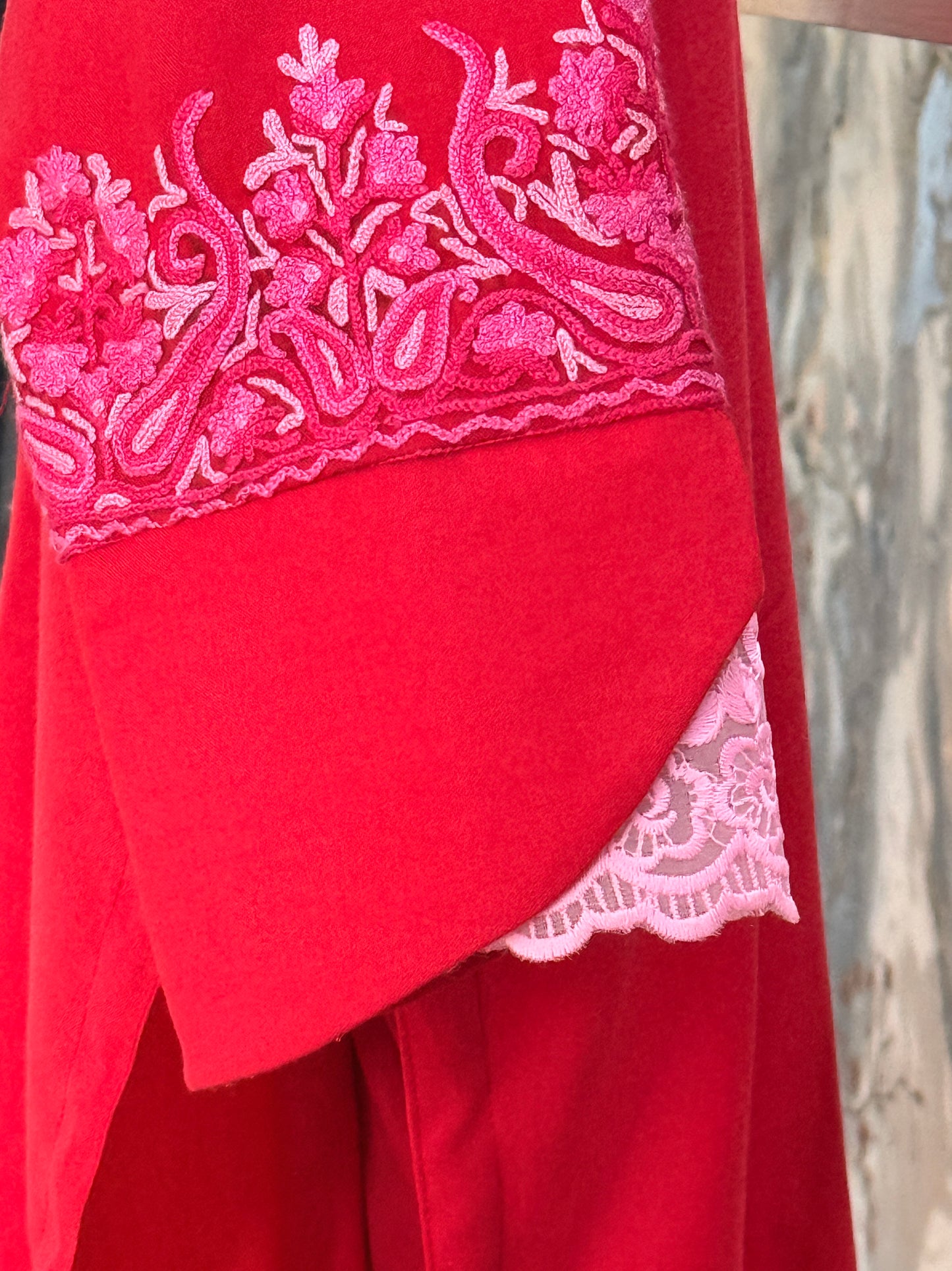 3-Piece Cherry Red Suit with Hand-Embroidered Panel Work with Laced Sleeves
