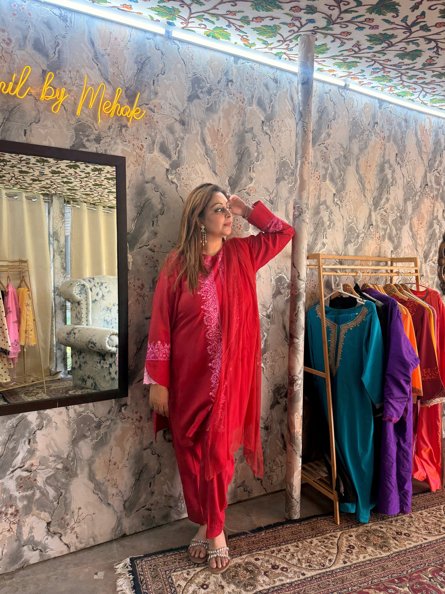 3-Piece Cherry Red Suit with Hand-Embroidered Panel Work with Laced Sleeves