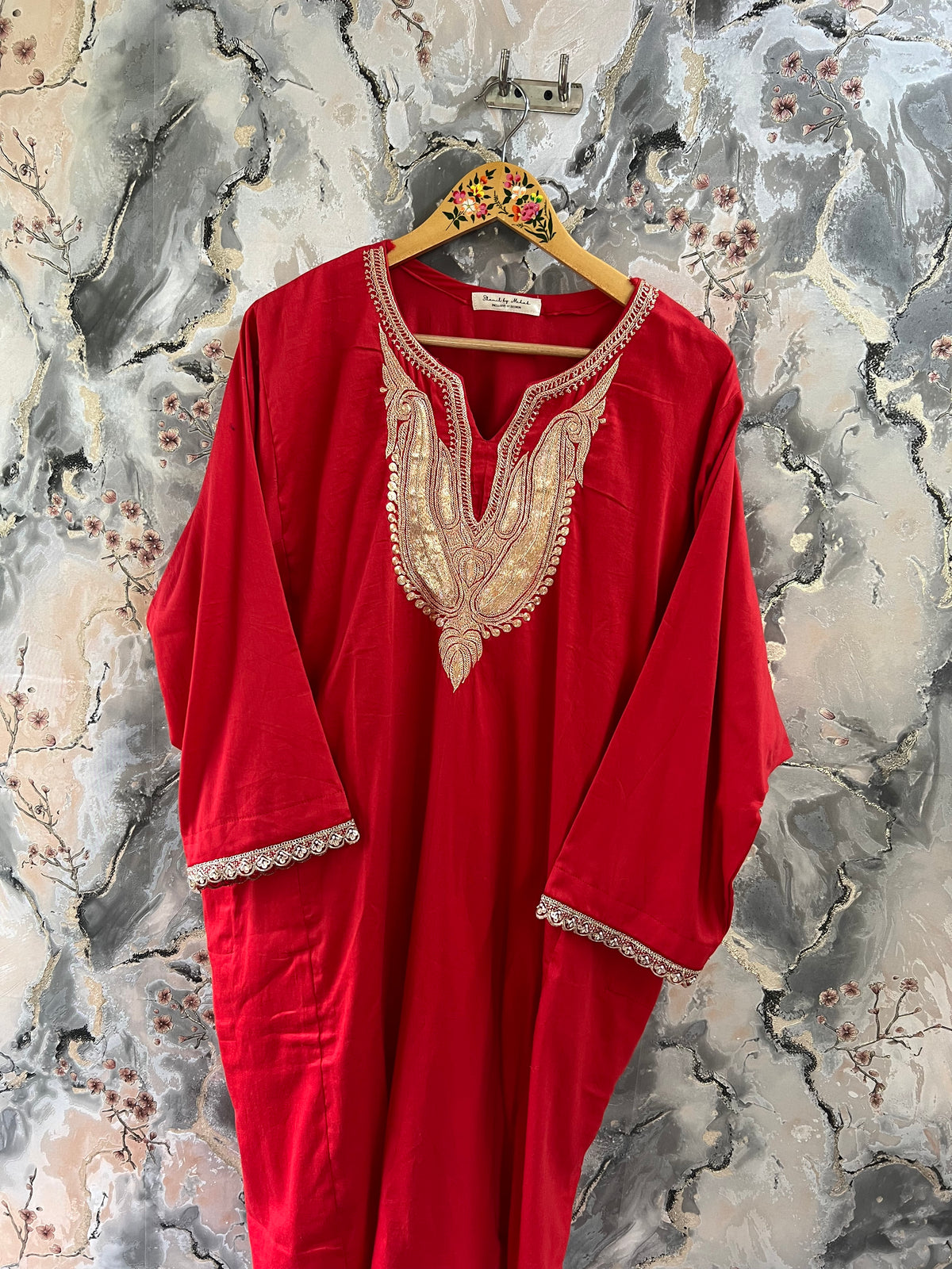 3-Piece Red Pheran Set with Hand Tilla and Complementary Lace