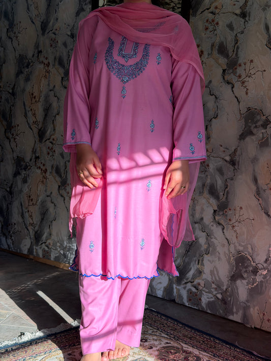 3-Piece Taffy Pink Suit with Hand Sozni Work with Extensive Royal Blue Scalping + Half Pure Dupatta