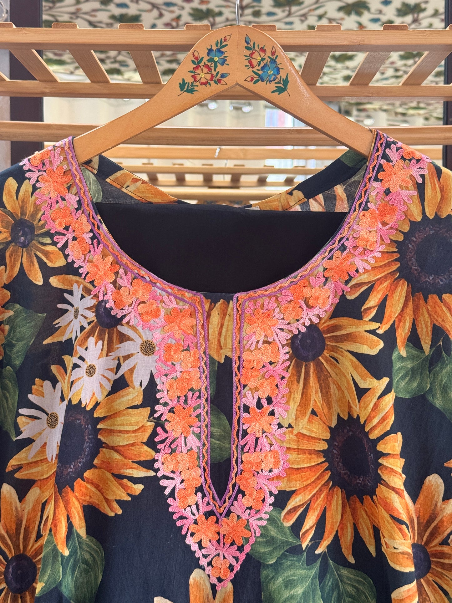 3-Piece Sunflower Printed Aari Work Suit with Black Pants and Dupatta