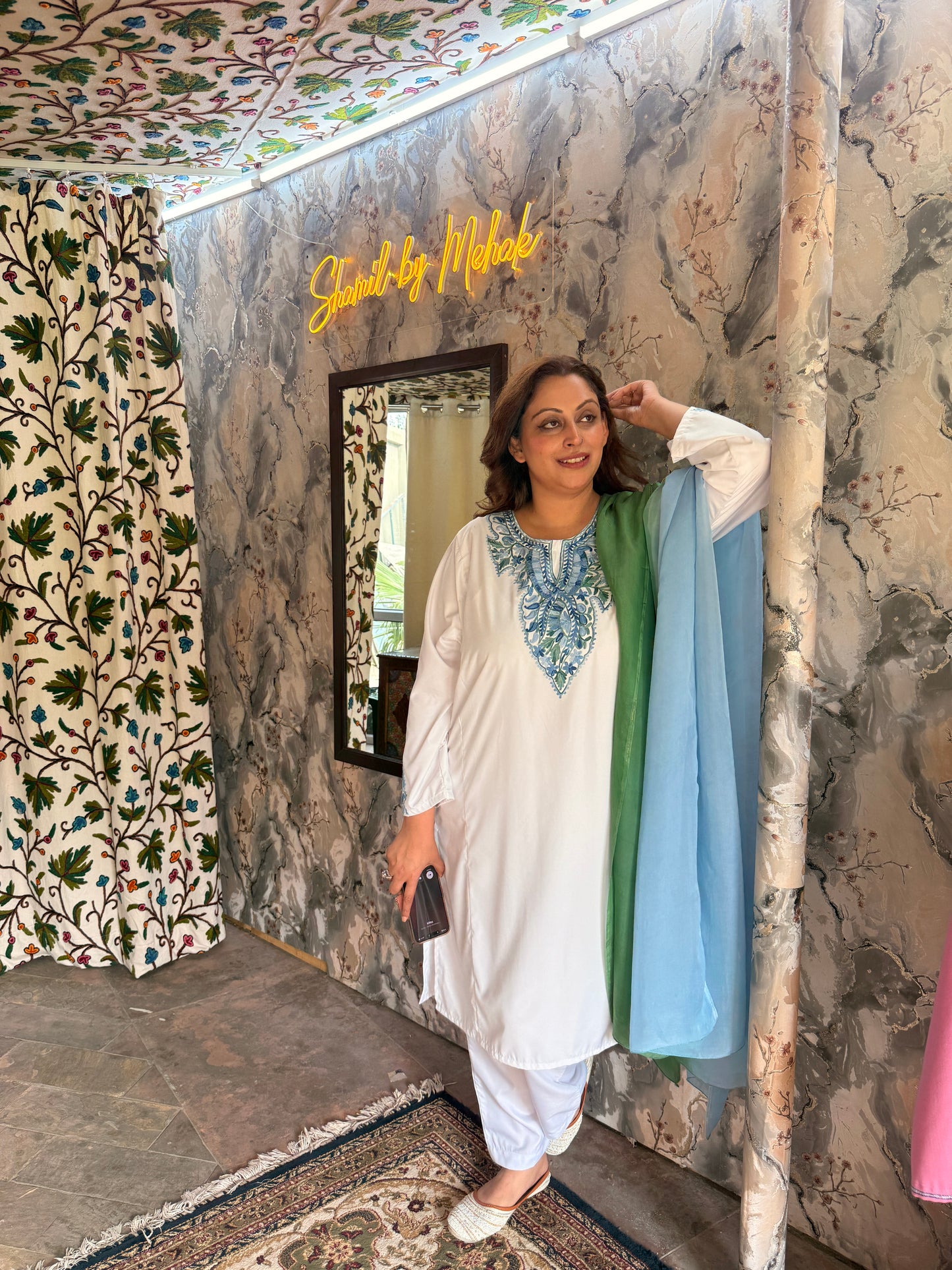 3-Piece White Summer Pheran Suit with Mint & Blue Aari Work