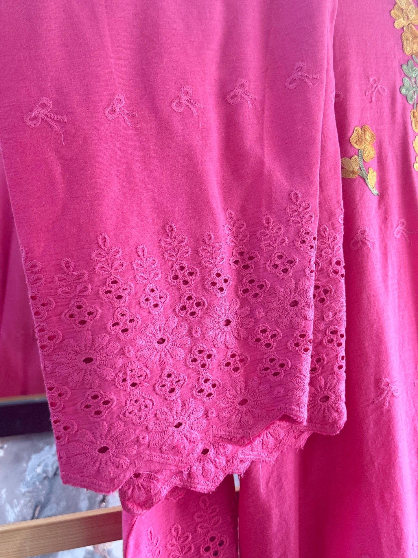3 Piece Rani Pink Aari Work Suit with Chikankari Print