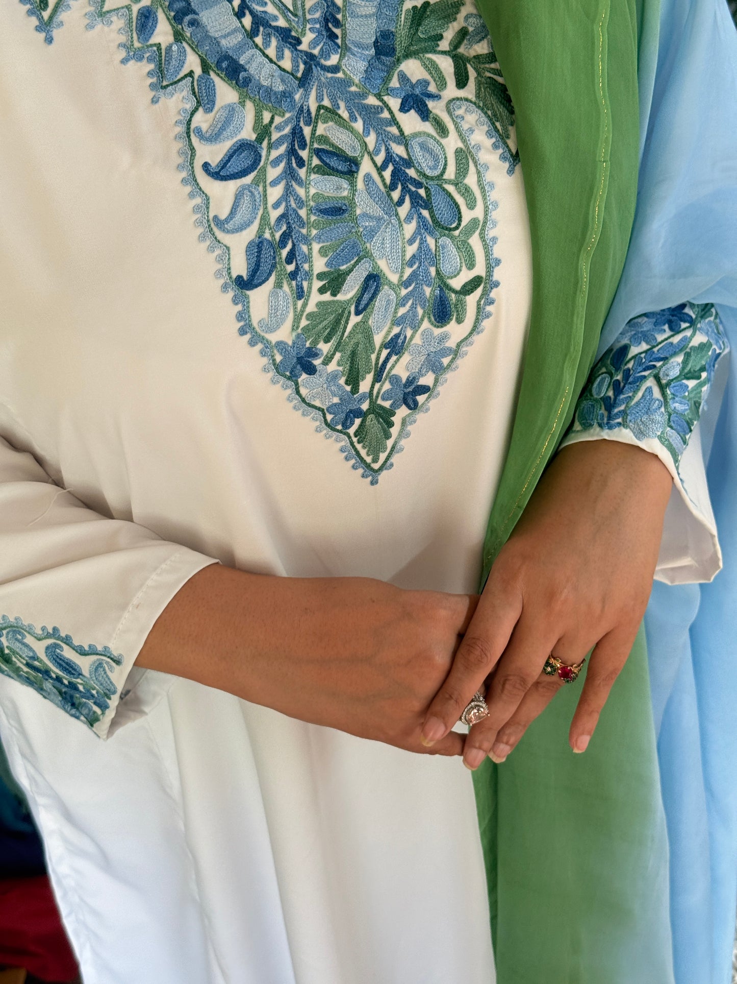 3-Piece White Summer Pheran Suit with Mint & Blue Aari Work
