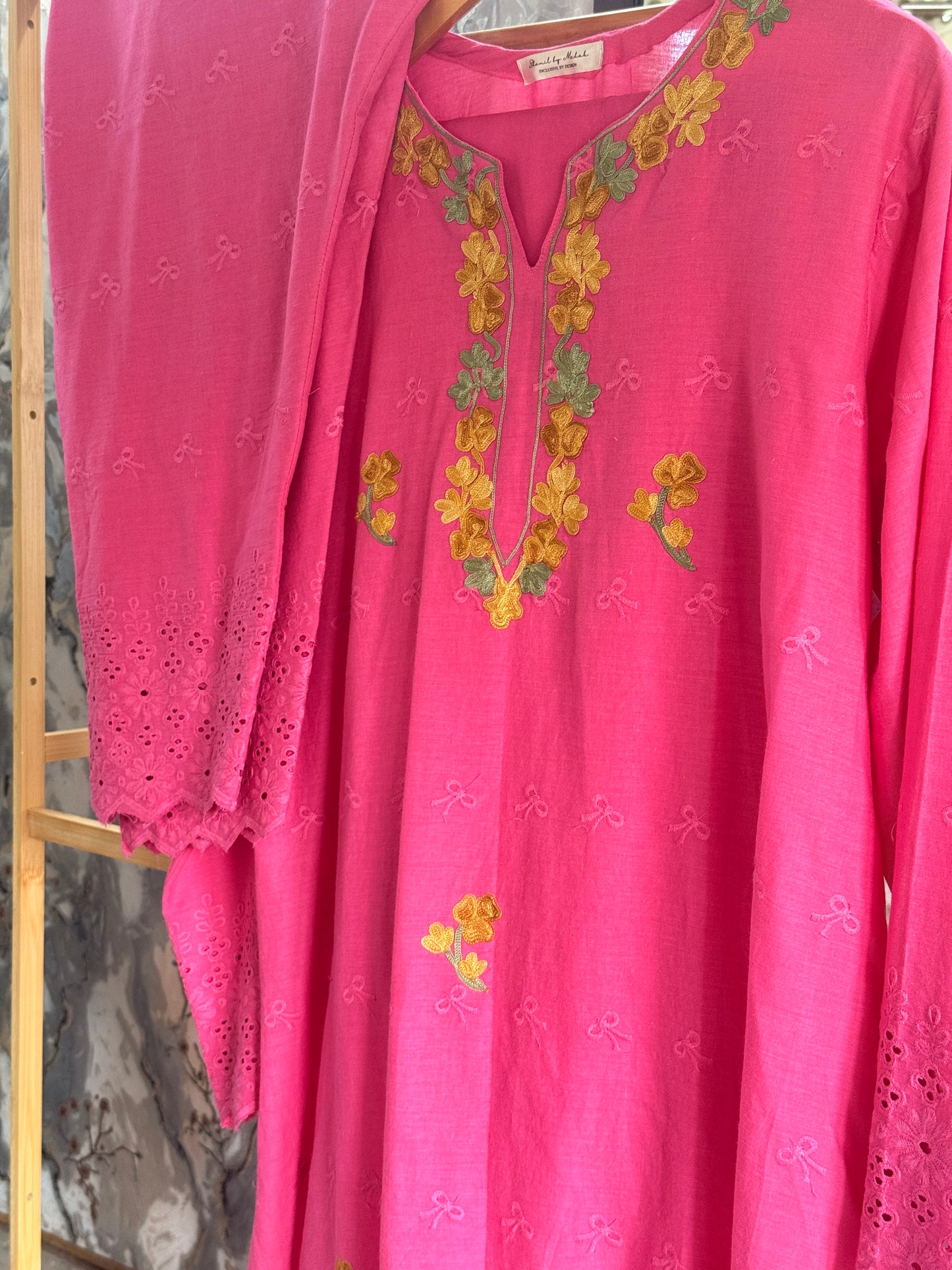 3 Piece Rani Pink Aari Work Suit with Chikankari Print