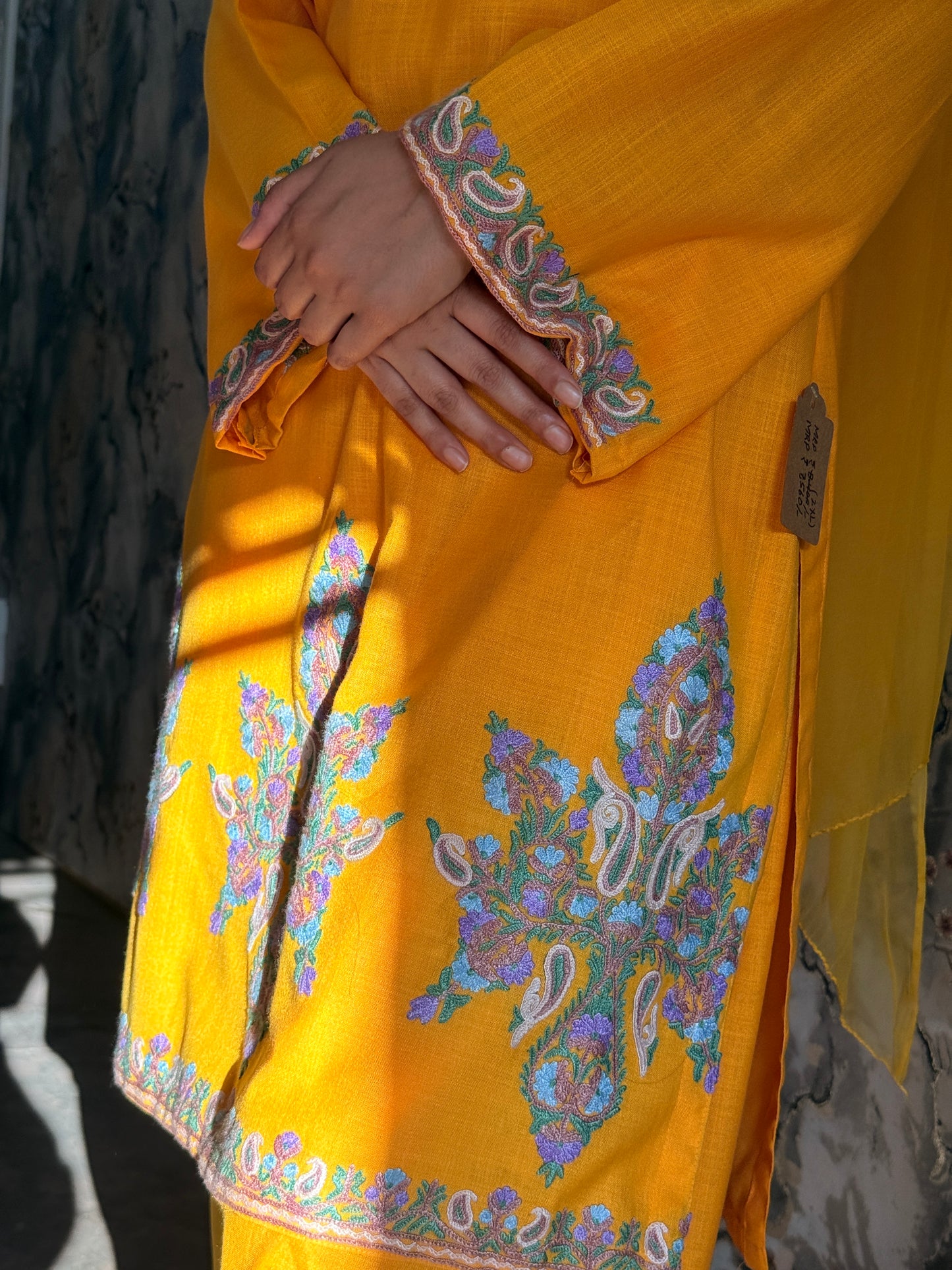 3-Piece Mango Yellow Suit with Hand-Embroidered Aari Work