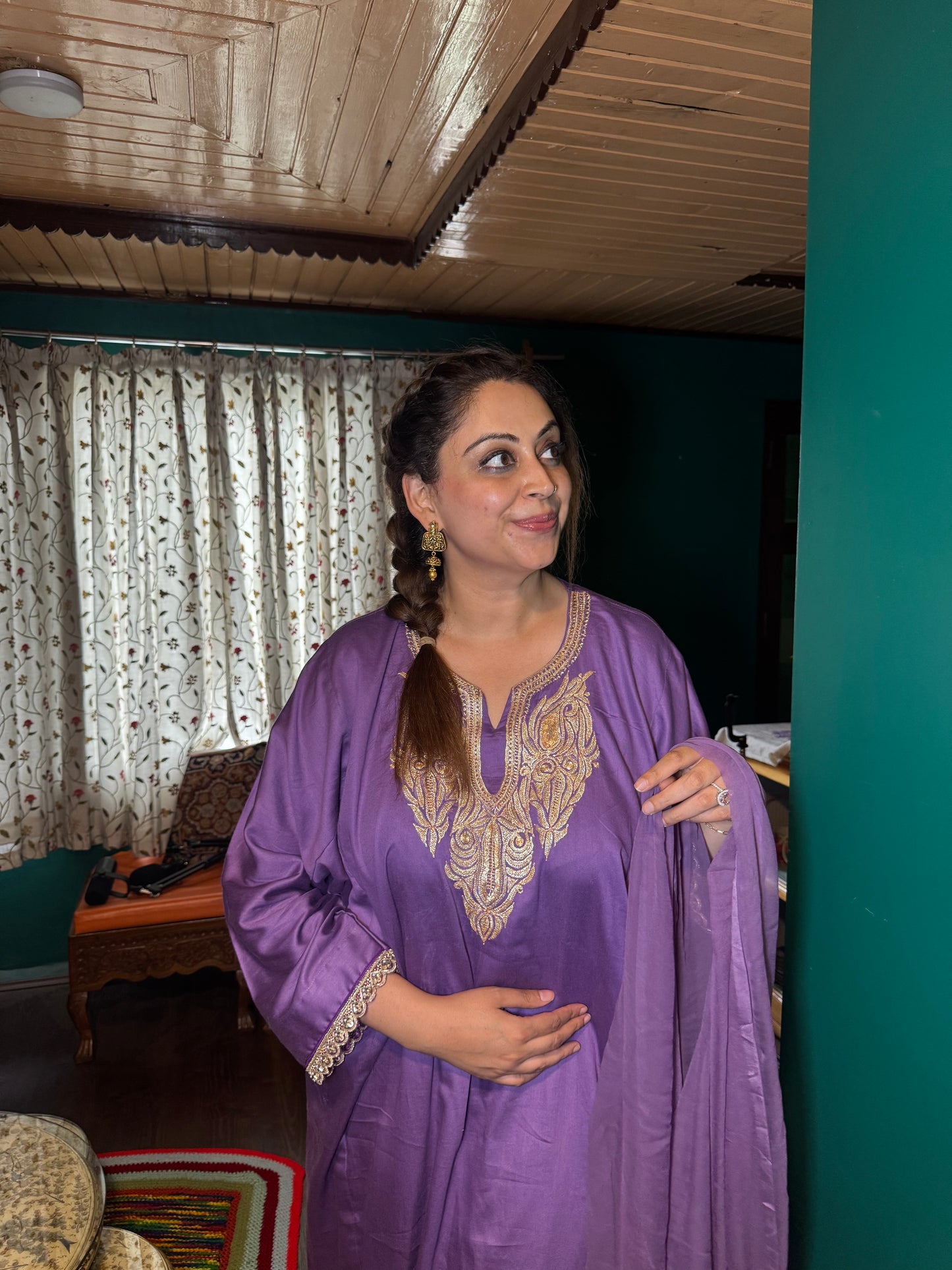 3-Piece Purple Pheran Set with Hand Tilla and Complementary Lace