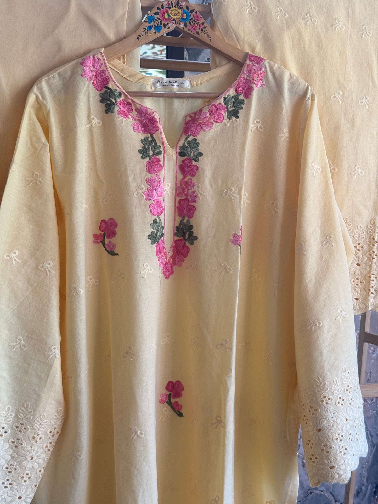 3 Piece Butter Yellow Aari Work Suit with Chikankari Print