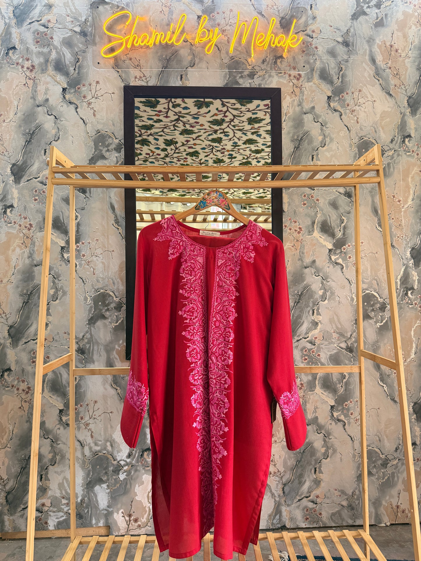 3-Piece Cherry Red Suit with Hand-Embroidered Panel Work with Laced Sleeves