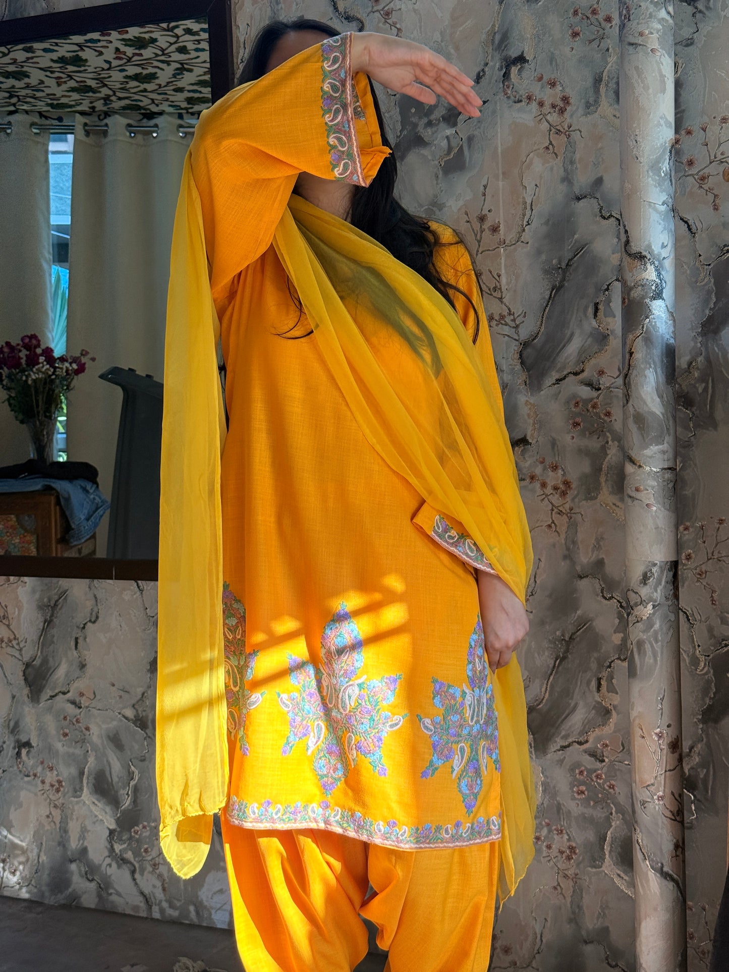 3-Piece Mango Yellow Suit with Hand-Embroidered Aari Work