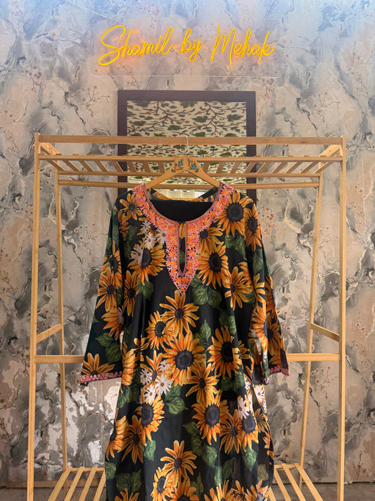 3-Piece Sunflower Printed Aari Work Suit with Black Pants and Dupatta