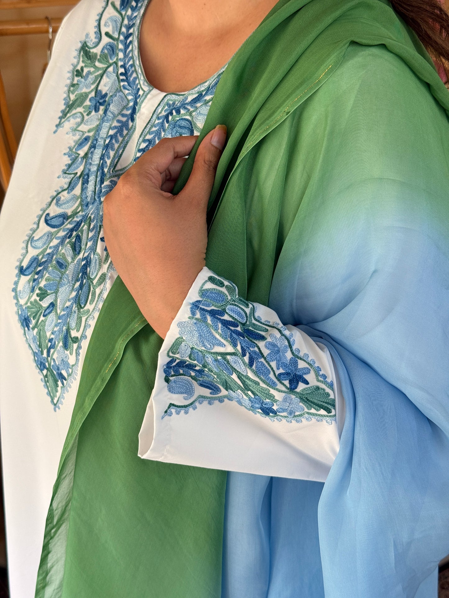 3-Piece White Summer Pheran Suit with Mint & Blue Aari Work